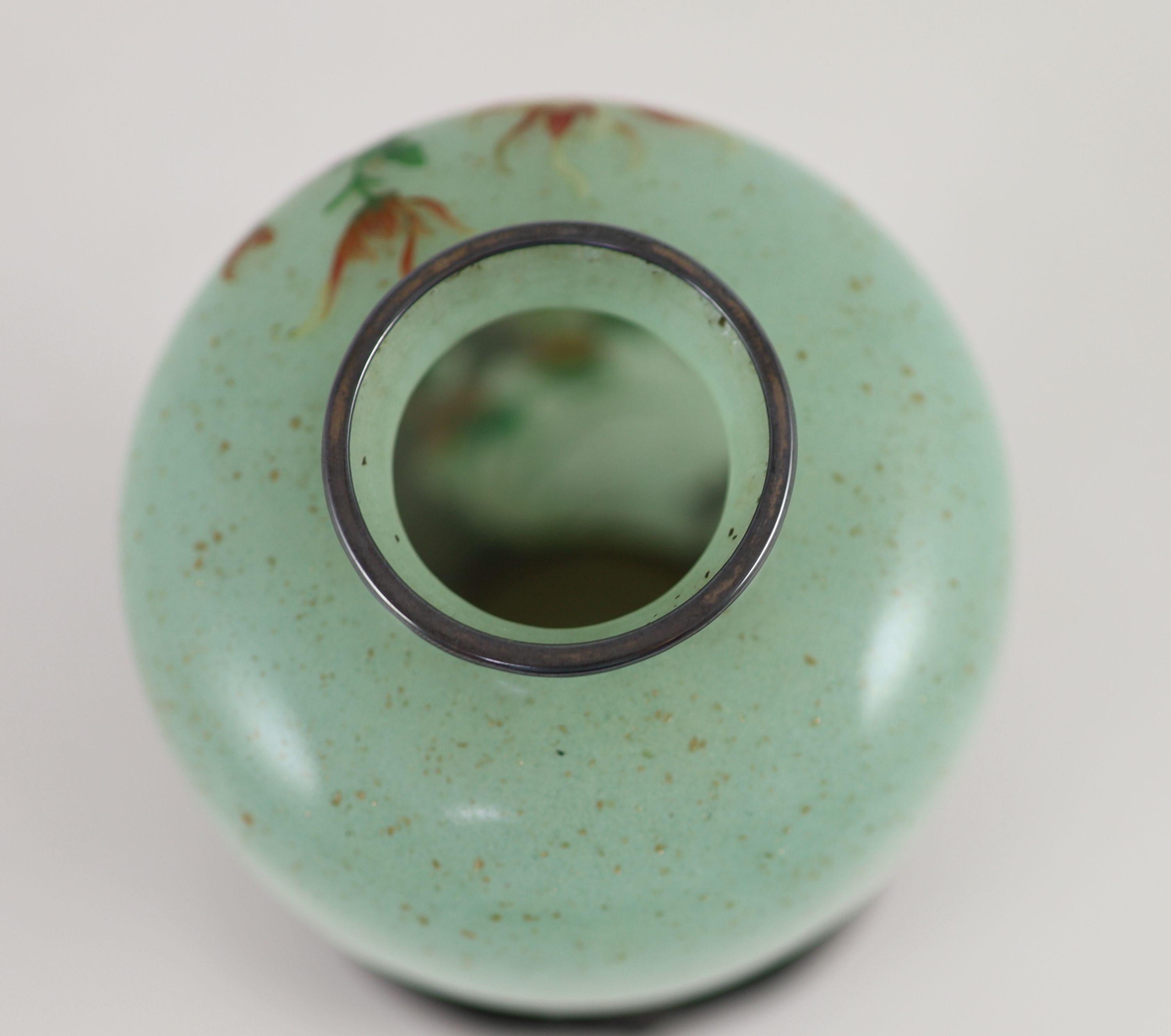 A Japanese plique-à-jour enamel vase, early 20th century, 12 cm high, wood stand, internal hairline cracks